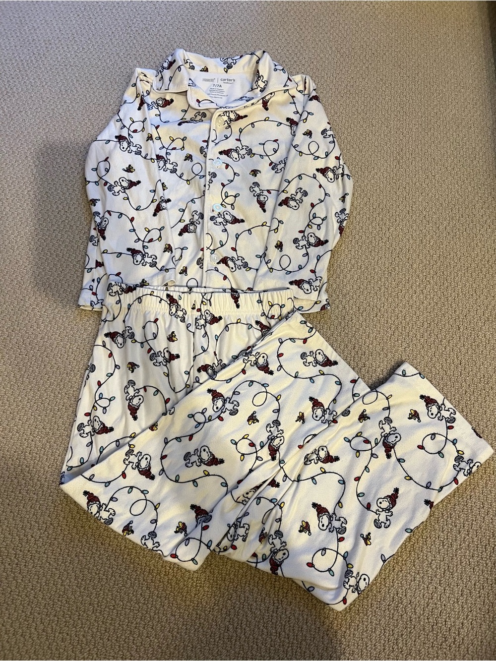 Carter’s Boys Peanuts Snoopy Christmas Fleece Pajamas Size 7 2pc